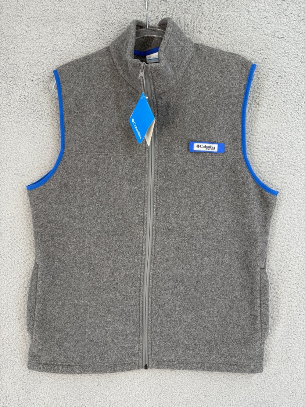 Columbia Harborside PFG Mens Medium Gray blue lined Fleece Full Zip Vest Fishing